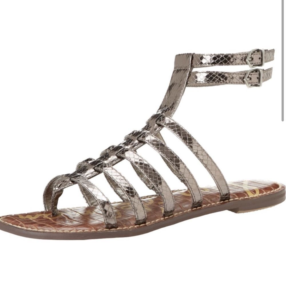 Sam Edelman GILDA Gunmetal Silver Snakeskin Open Toe Buckle Gladiator Sandals